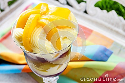 Layer fruit desserts on wooden tray