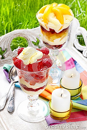 Layer fruit desserts on wooden tray
