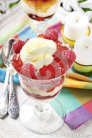 Layer fruit desserts on wooden tray