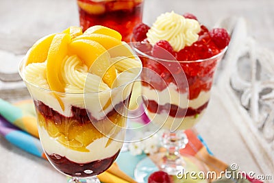 Layer fruit desserts on wooden tray