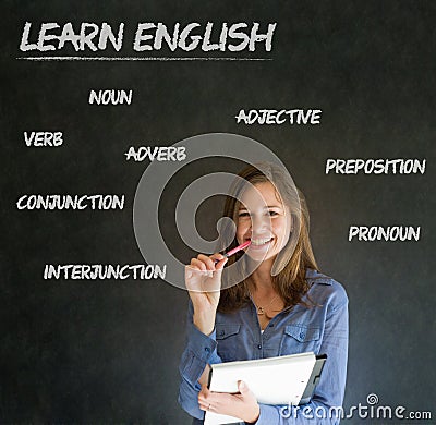 Learn English teacher with chalk background