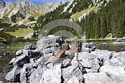 Leather hiking shoes in Alps