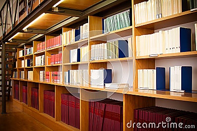 Legal books in a library aisle.