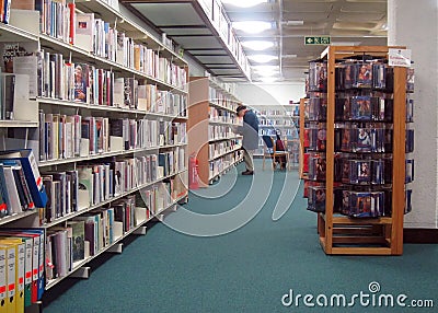 Library books on long shelves.