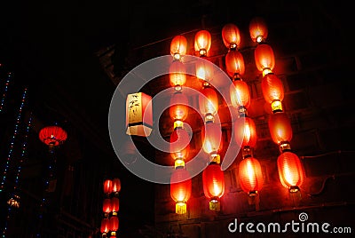 Light and red lanterns in night