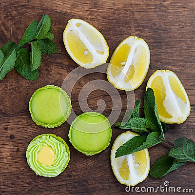 Lime green macarons with lemon and mint