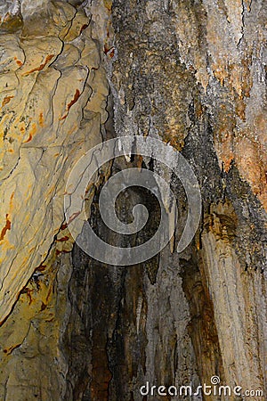 Limestone wall in a cave covered with dripstone ,Cheow Lan lake,Thailand