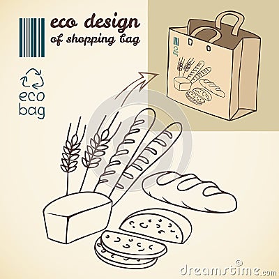 Line drawing of bakery products for shopping bag