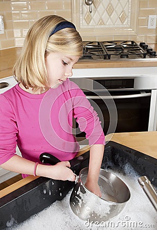 Little Girl Cleaning Pots and Dishes