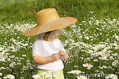 Little girl on the daisy field