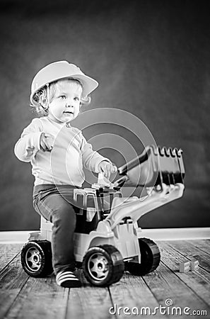 Little Girl Playing with Toy Truck - Black and White picture