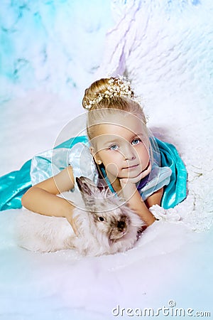 Little girl in princess dress on a background of a winter fairy