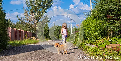 Little girl walking with her ??dog on a leash