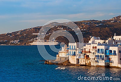 Little Venice on Mykonos and the cruise ship at sunset...