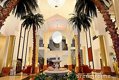 Lobby interior of the luxury hotel in night illumination
