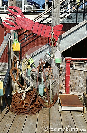 Lobster buoys and nets at the dock in Maine