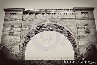 Lock on the Volga river. Vintage style sepia photo.