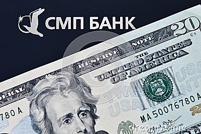 Logo of SMP bank and 20 dollar banknote