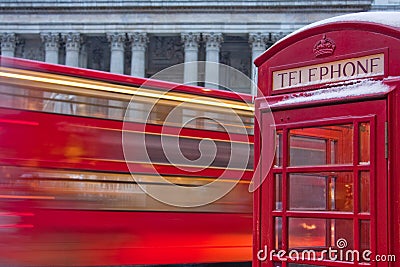 London Bus and Telephone Box in Snow