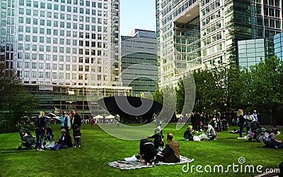 LONDON, CANARY WHARF UK - APRIL 13, 2014 - Modern glass architecture of Canary Wharf business aria, headquarters for banks