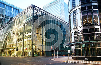 LONDON, CANARY WHARF UK - APRIL 13, 2014 - Modern glass architecture of Canary Wharf business aria, headquarters for banks