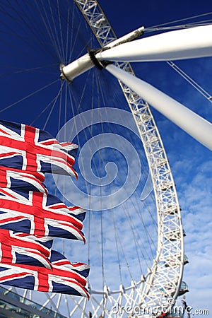 London Eye with flags, London, UK