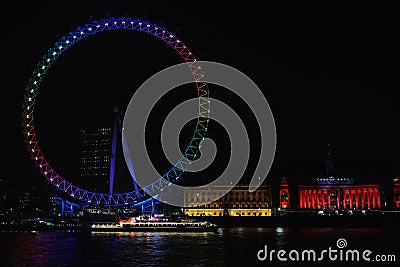 London Eye, lit in party colours on election night