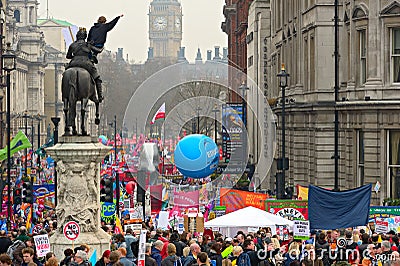 LONDON - MARCH 26: Protesters march down Whitehall against public expenditure cuts in a rally -- March for the Alternative -- orga