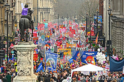 LONDON - MARCH 26: Protesters march down Whitehall against public expenditure cuts in a rally -- March for the Alternative -- orga