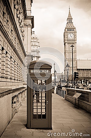 London phone box and Big Ben, sepia