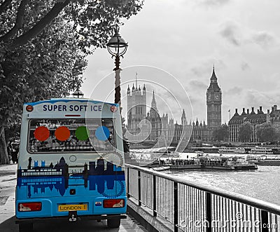 London Skyline with ice-cream truck