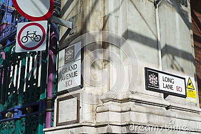 LONDON, UK - FEBRUARY 16: Detail of street signs in Smithfield m