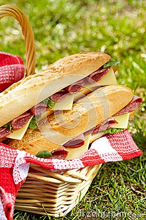 Long baguette sandwiches with salami and cheese