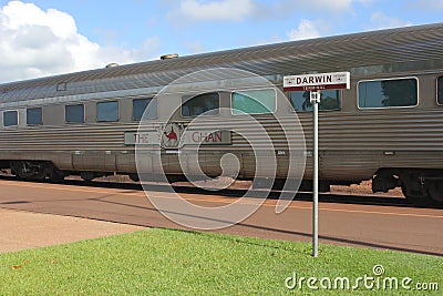 Long distance train The Ghan is waiting for passengers, railway station Darwin, NT Australia