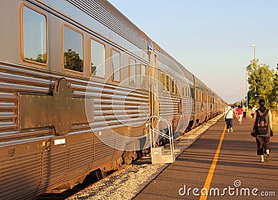 Long distance train The Ghan is waiting for passengers, railway station Katherine, NT Australia