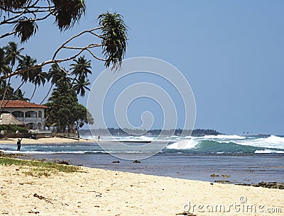 Long ocean wave line from white wave on yellow tropic ocean beac