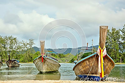 Long tail boat on tropical beach, Krabi, Thailand