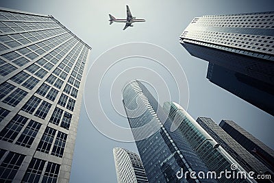 Look up at aircraft is flying modern urban office buildings in S