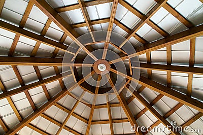 Looking up at eight sided exposed beam roof