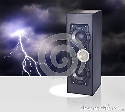 Loud speaker against night sky with thunderbolt
