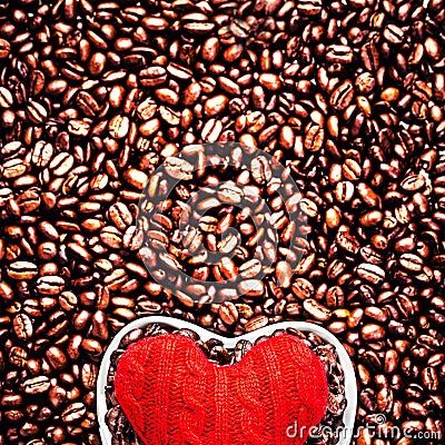 Love Coffee at Valentine39;s Day. Roasted Coffee Beans with Red Heart 