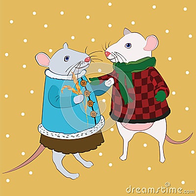 Love mouse in bright clothes under falling snow