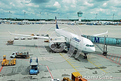 Lufthansa airbus airplane parked on Munich airport