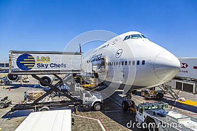 Lufthansa Boeing 747 at a Gate at Los Angeles International Airport