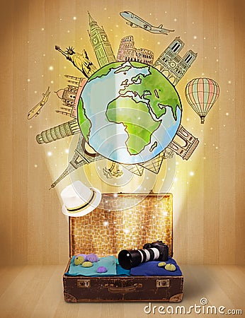 Luggage with travel around the world illustration concept