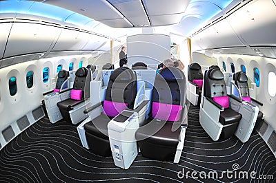 Luxurious and spacious business class seats in a Boeing 787 Dreamliner at Singapore Airshow 2012