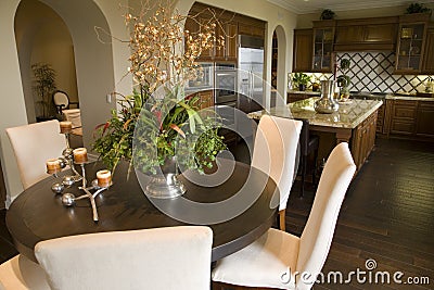 Luxury home dining room and kitchen.