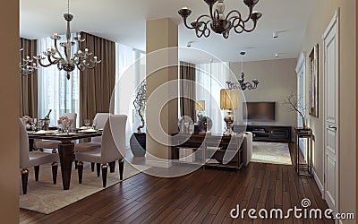 Luxury living room, dining room, art deco style