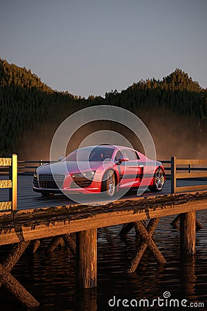 Luxury sport car 3d illustrated, in an early morning