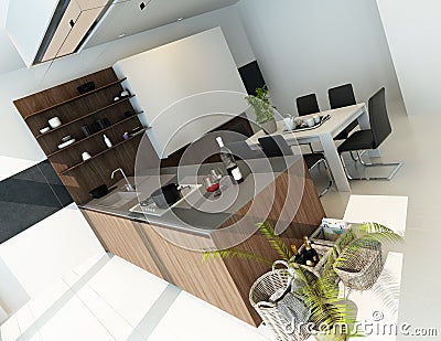 Luxury white kitchen interior with wooden furniture